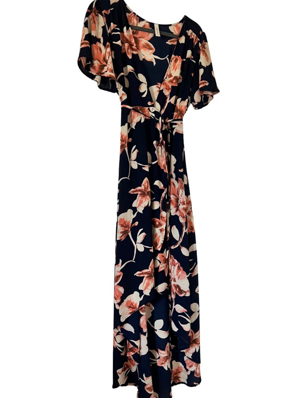 Peppermint Navy Coral Floral High-Low‎ Wrap Maxi Dress L Flutter Sleeve - Picture 2 of 16